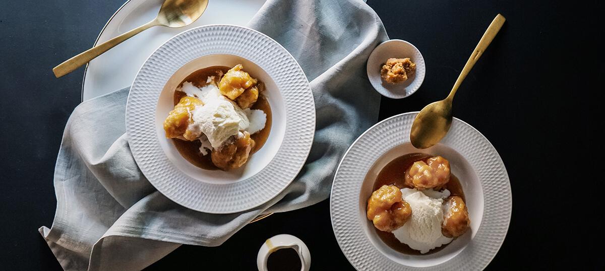 Fluffy miso caramel dumplings with ice cream